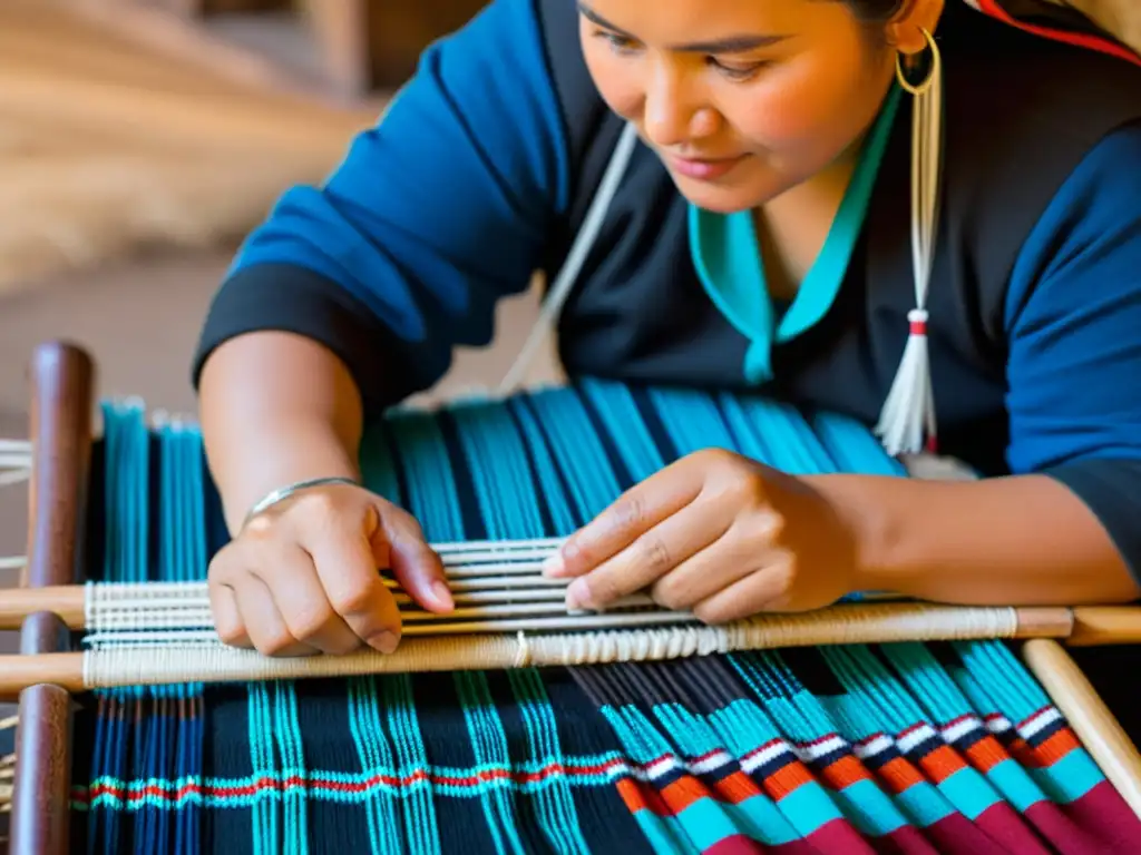 Una mujer Mapuche teje indumentaria tradicional en telar de cintura, mostrando resistencia cultural y tradición ancestral