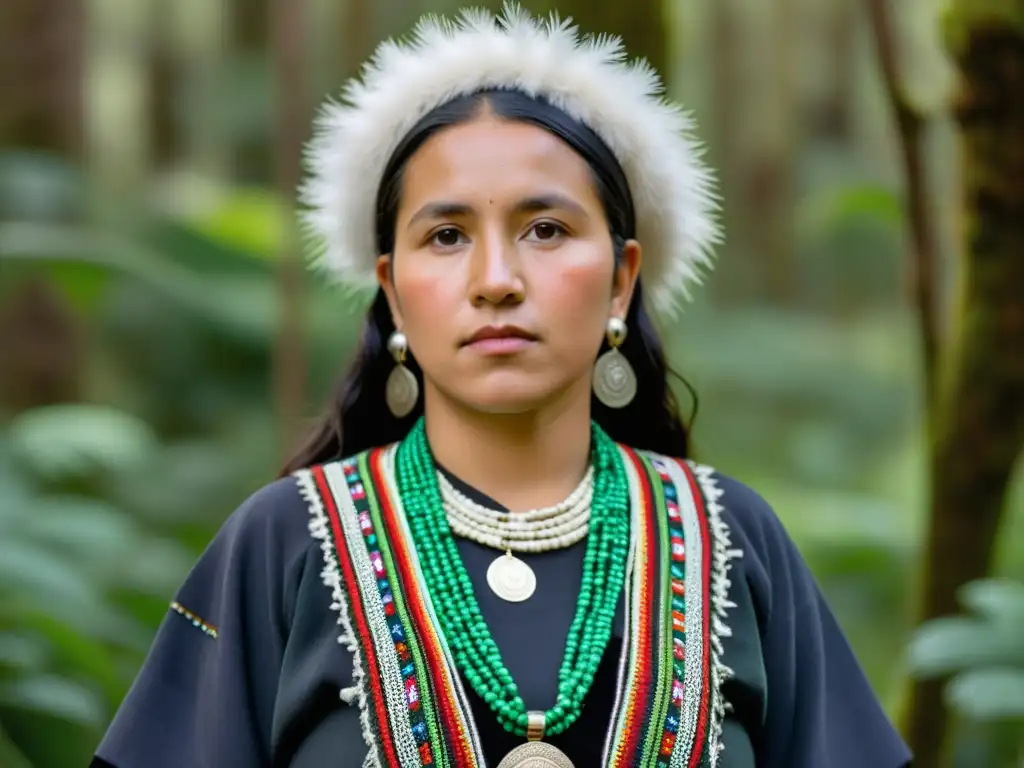 Una mujer Mapuche orgullosa, vistiendo indumentaria tradicional, en un bosque exuberante