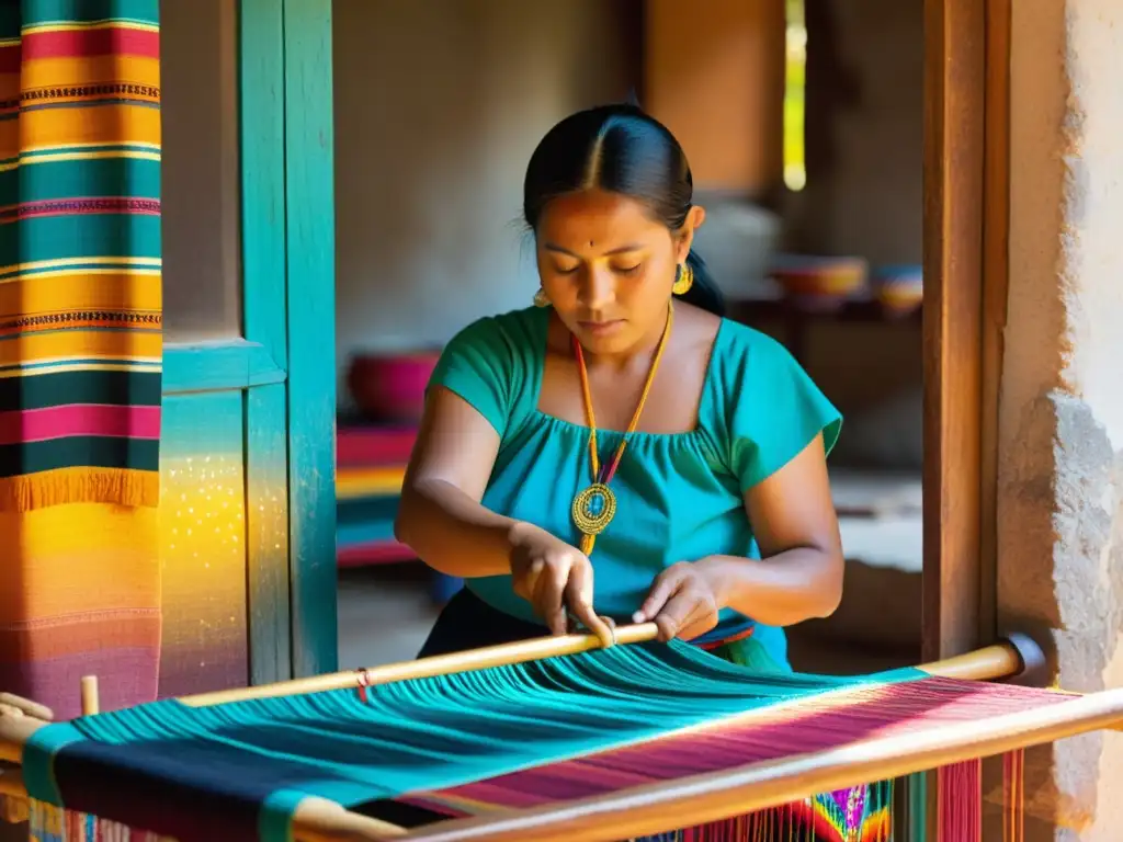 Una mujer maya teje con destreza un patrón textil vibrante en un telar de cintura, bañada por la cálida luz del sol