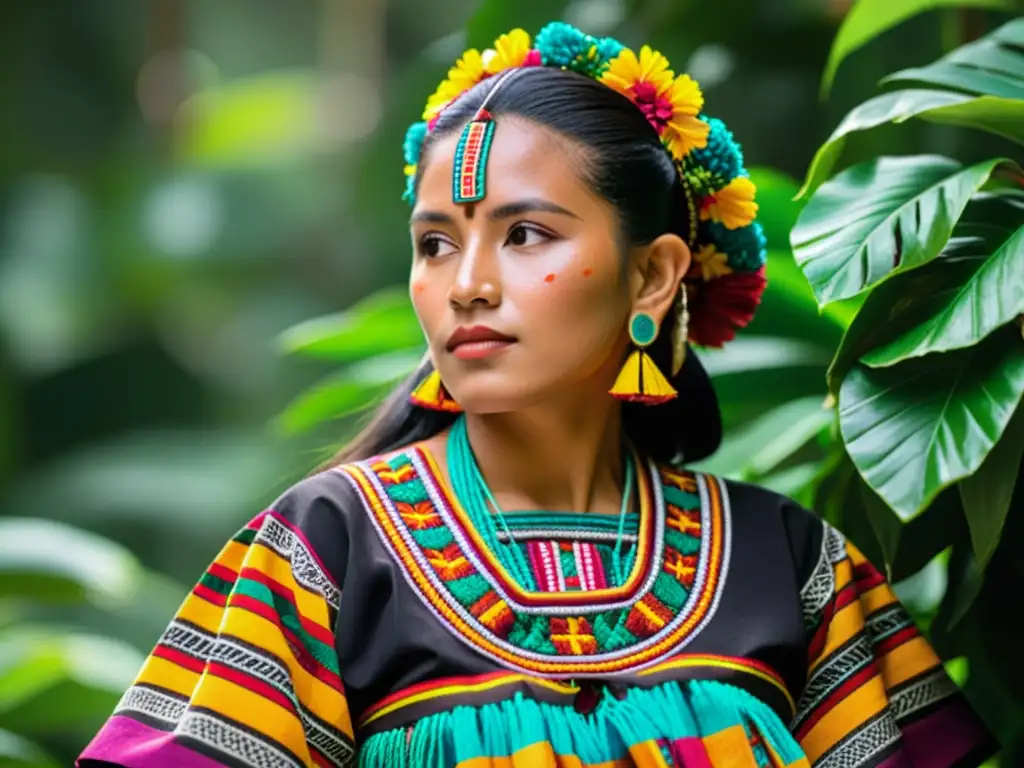 Una mujer maya con un hermoso huipil rodeada de vegetación exuberante, mostrando el significado ritual de las vestimentas mayas