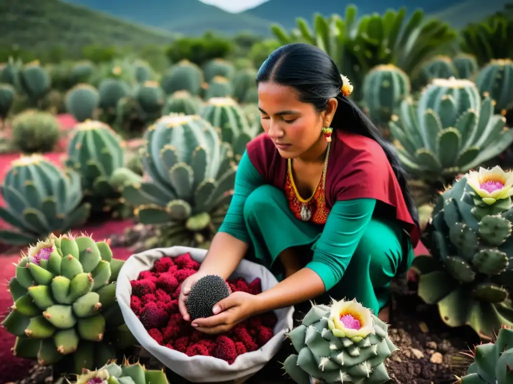 Una mujer maya cosechando insectos cochinilla en un nopal, resaltando el impacto cultural e histórico del carmín en la moda