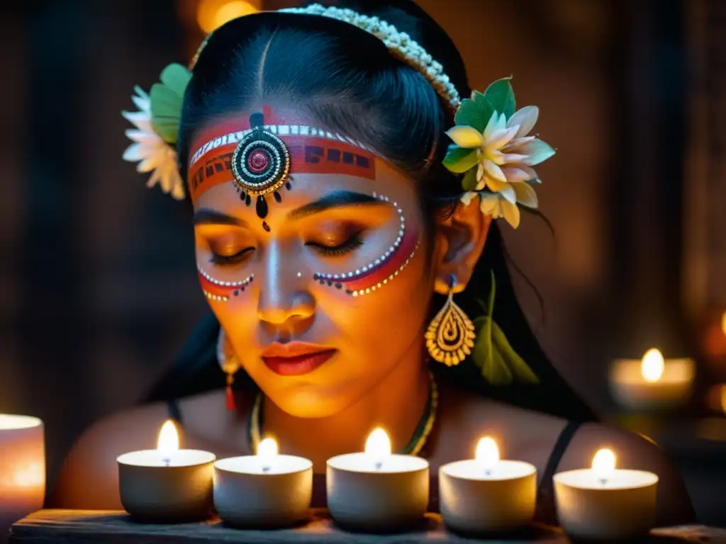 Una mujer maya realiza un ritual de belleza con prácticas milenarias, en una habitación iluminada por velas