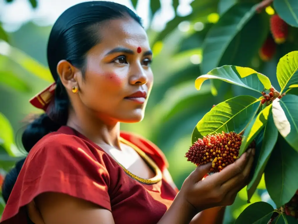 Una mujer maya cosecha semillas de achiote en una plantación exuberante