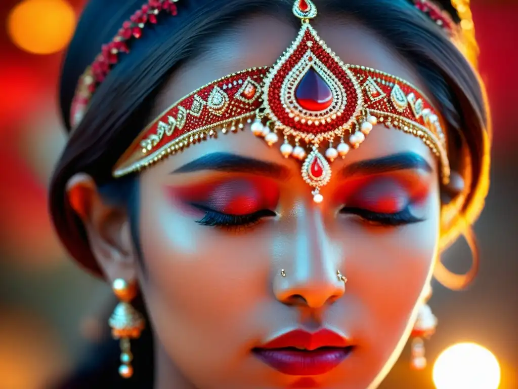 Una mujer con los ojos cerrados luce un vibrante bindi rojo en la frente, evocando serenidad y espiritualidad