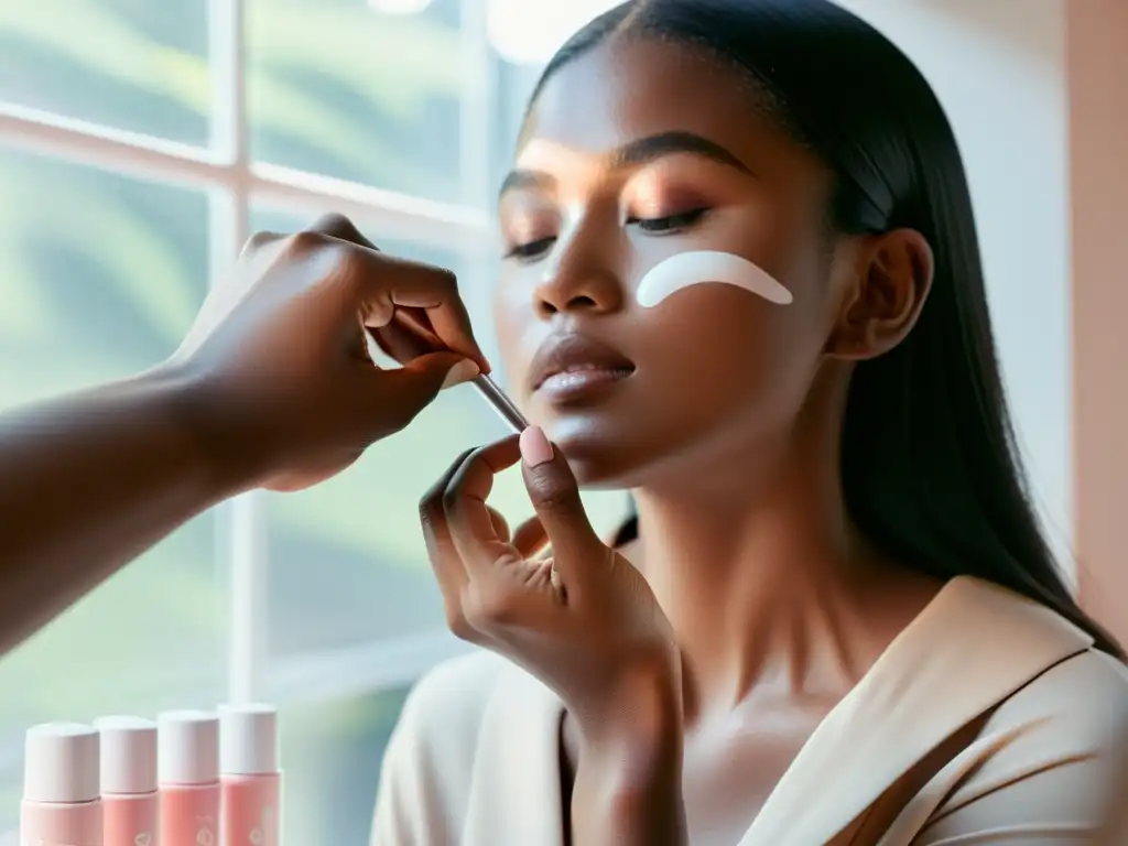 Una mujer aplica productos de maquillaje Glossier con empaque ecológico y luz natural, destacando su estética minimalista y compromiso ambiental