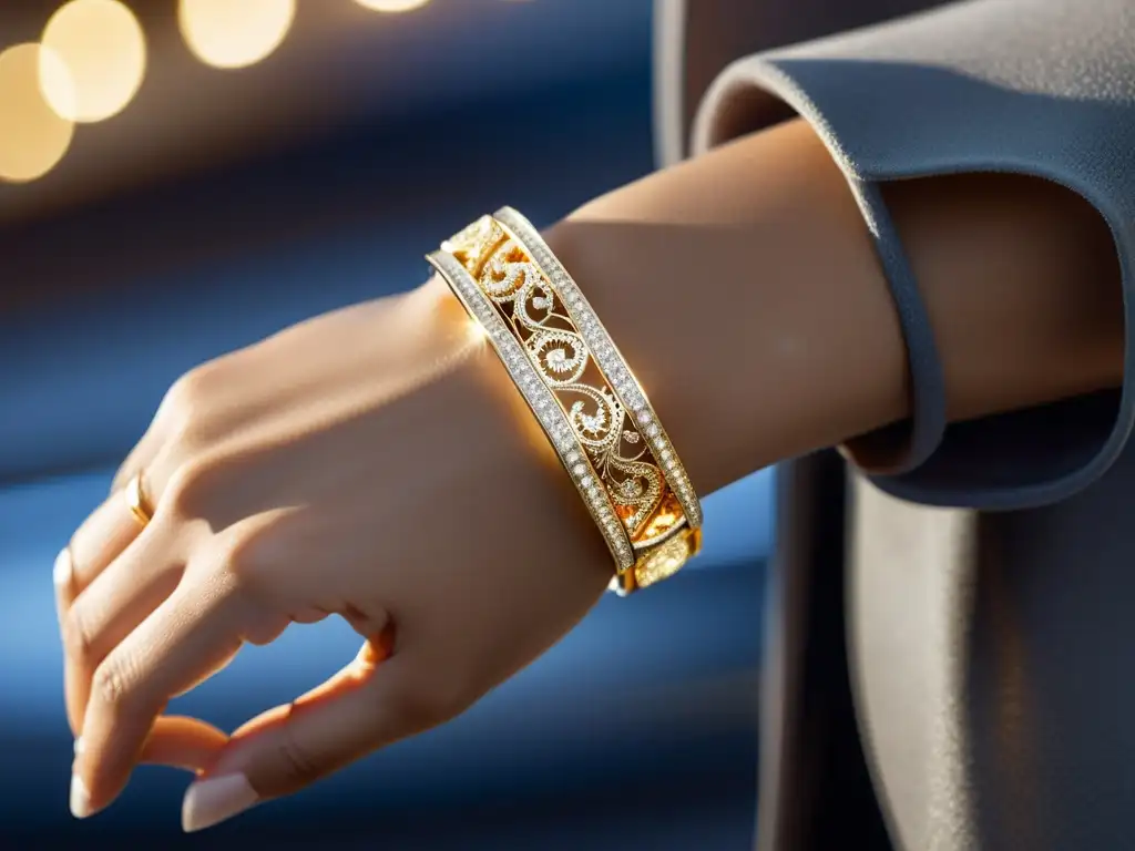 Una mujer luce una pulsera de joyería inteligente de oro y plata, con luces LED