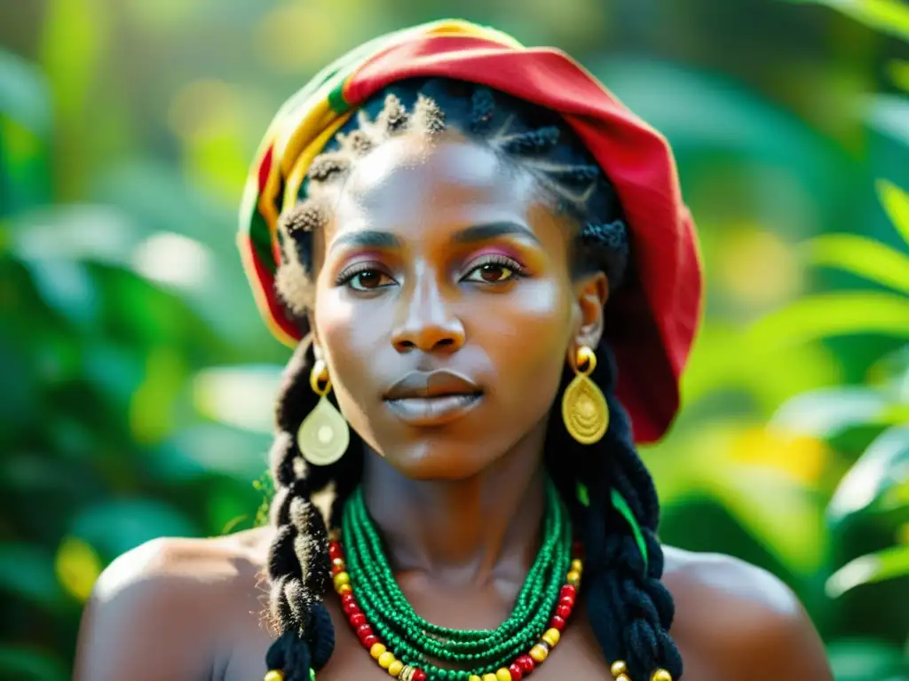 Una mujer Rastafari con pañuelo rojo, dorado y verde, rodeada de naturaleza, capturando la esencia de la cultura reggae y el rastafarismo