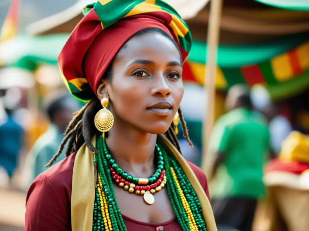 Una mujer Rastafari con turbante rojo, verde y amarillo, joyas y ropa en los colores de Etiopía, en un bullicioso mercado