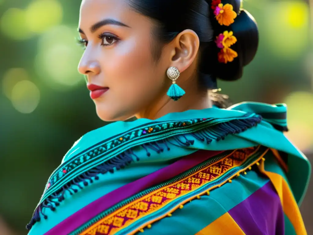 Una mujer lleva un rebozo mexicano bordado con patrones florales y geométricos, resaltando la historia intercultural de accesorios de moda en México