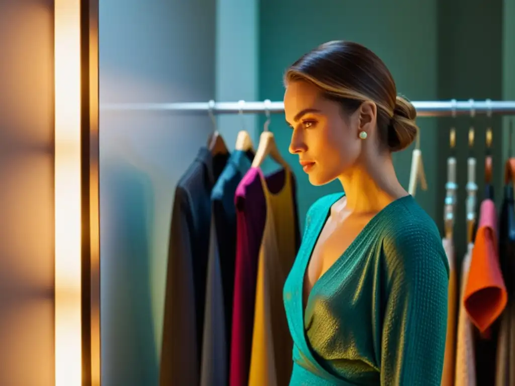 Una mujer reflexiva elige su atuendo frente al espejo, mostrando la compleja relación entre la moda como reflejo del estado psicológico