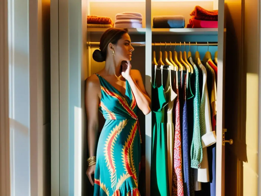 Una mujer reflexiva frente a un armario lleno de ropa colorida, explorando la expresión emocional a través de sus prendas