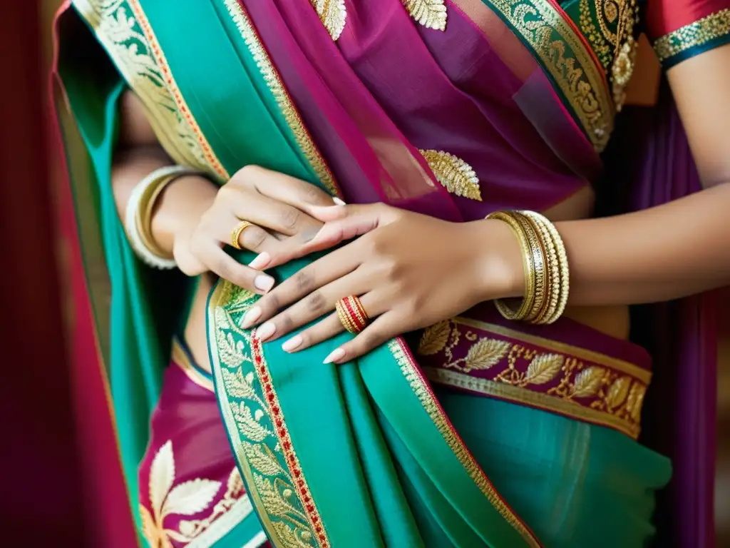 Una mujer viste un sari con delicadeza, mostrando su exquisito bordado y colores vibrantes