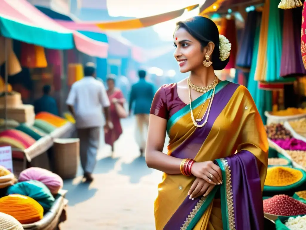 Una mujer con un sari tradicional en un bullicioso mercado indio, evolución vestidos tradicionales indios