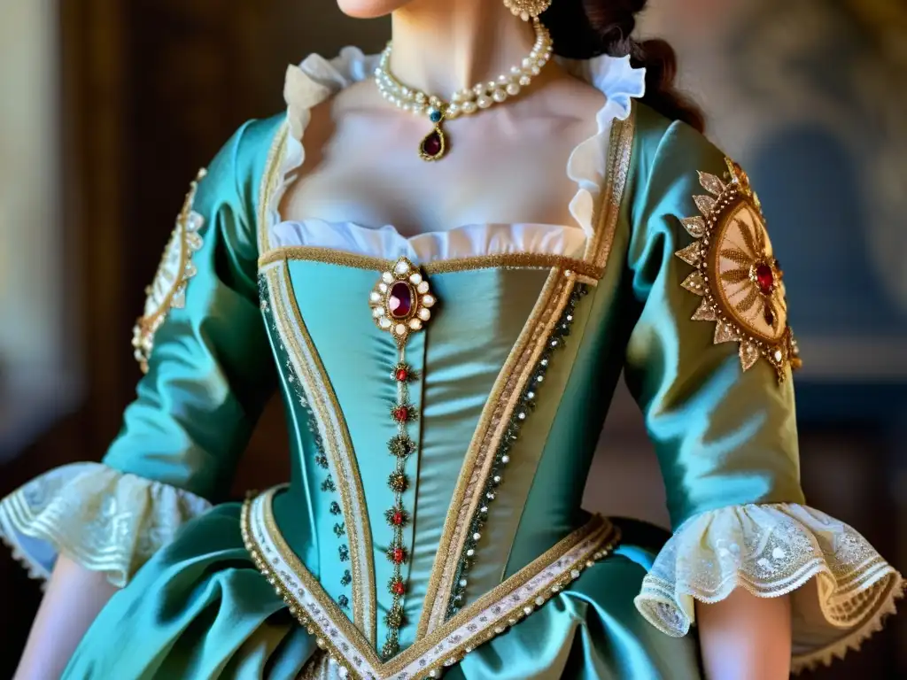 Dama del siglo XVII: Elegancia y resiliencia en tiempos de guerra Una mujer del siglo XVII lleva un lujoso vestido con detalles de guerra