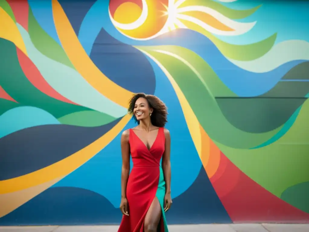 Una mujer en vestido rojo frente a un mural vibrante, irradiando confianza y alegría