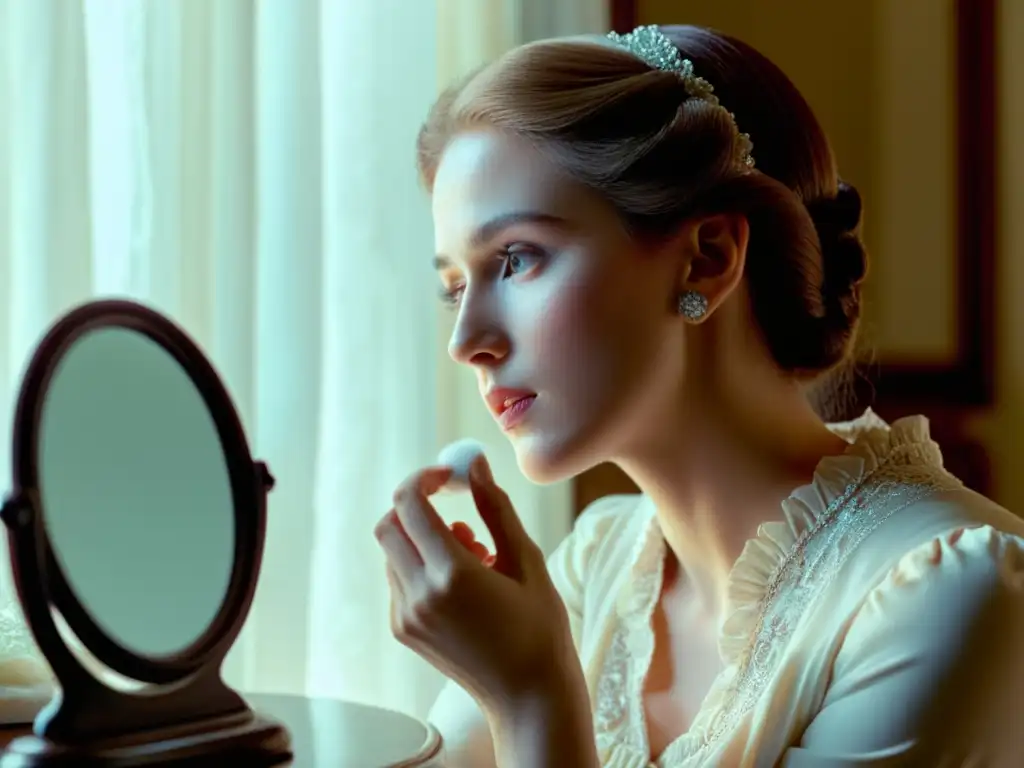 Maquillaje victoriano en la vanidad: detalle exquisito Una mujer de la era victoriana aplica con delicadeza maquillaje blanco en su tocador, evocando la revolución de la belleza en esa época