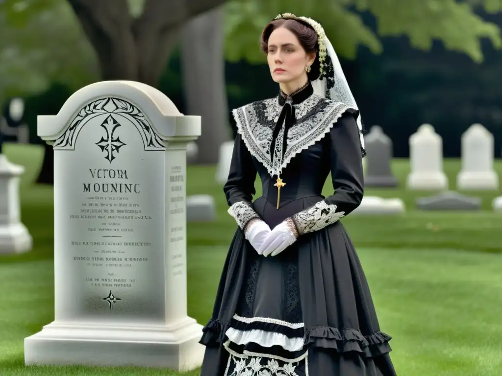 Una mujer victoriana en luto junto a una tumba ornada, reflejando la moda y rituales de luto en el siglo XIX