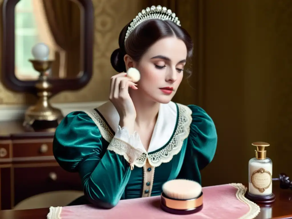 Belleza victoriana: mujer elegante aplicando polvo facial Una mujer victoriana aplica polvo con elegancia en su tocador, reflejando la revolución belleza era victoriana