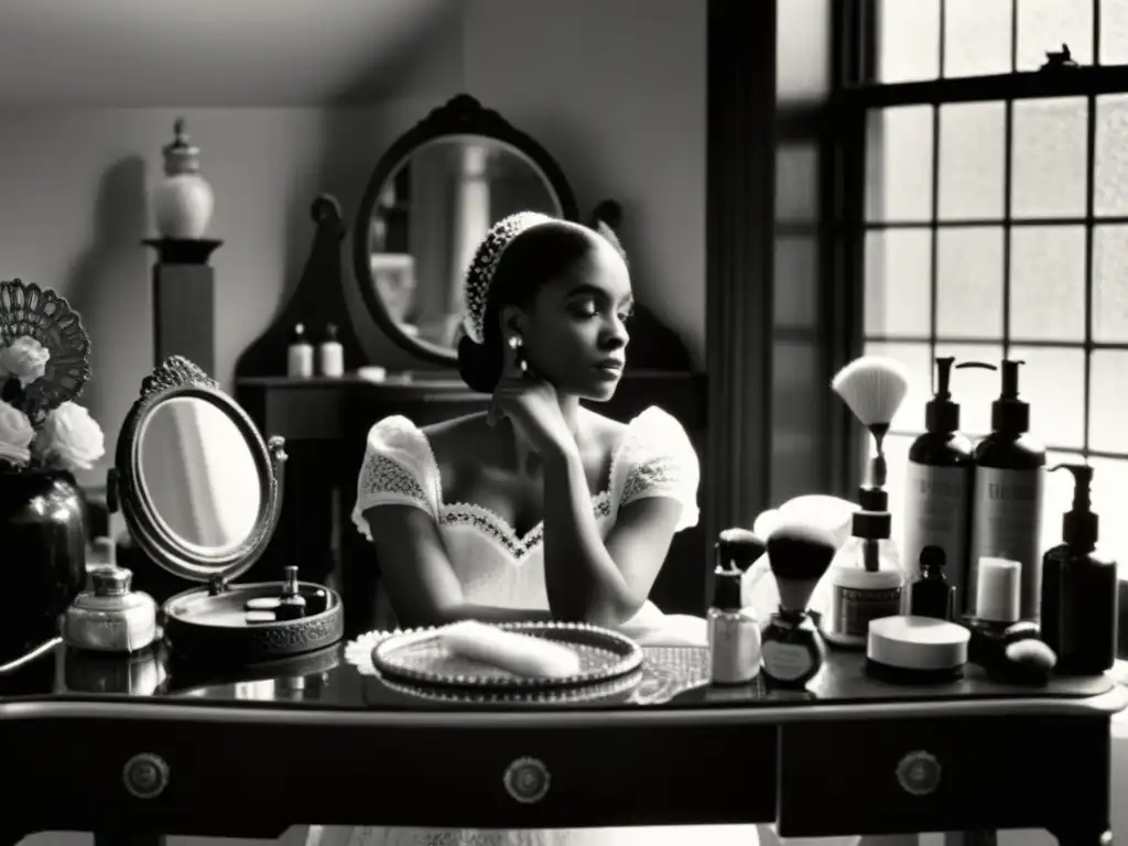 Belleza victoriana: retrato sereno en tocador Una mujer de la era victoriana en su tocador, rodeada de productos de belleza