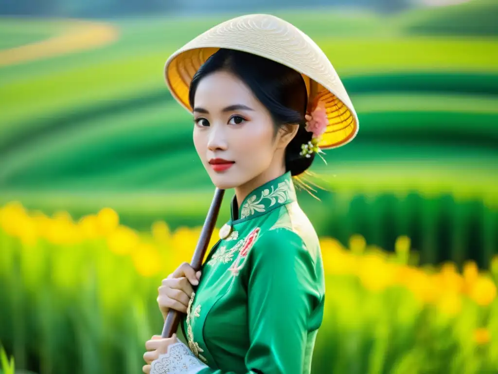 Una mujer vietnamita elegantemente vestida con un Ao Dai tradicional, con arrozales y montañas al atardecer