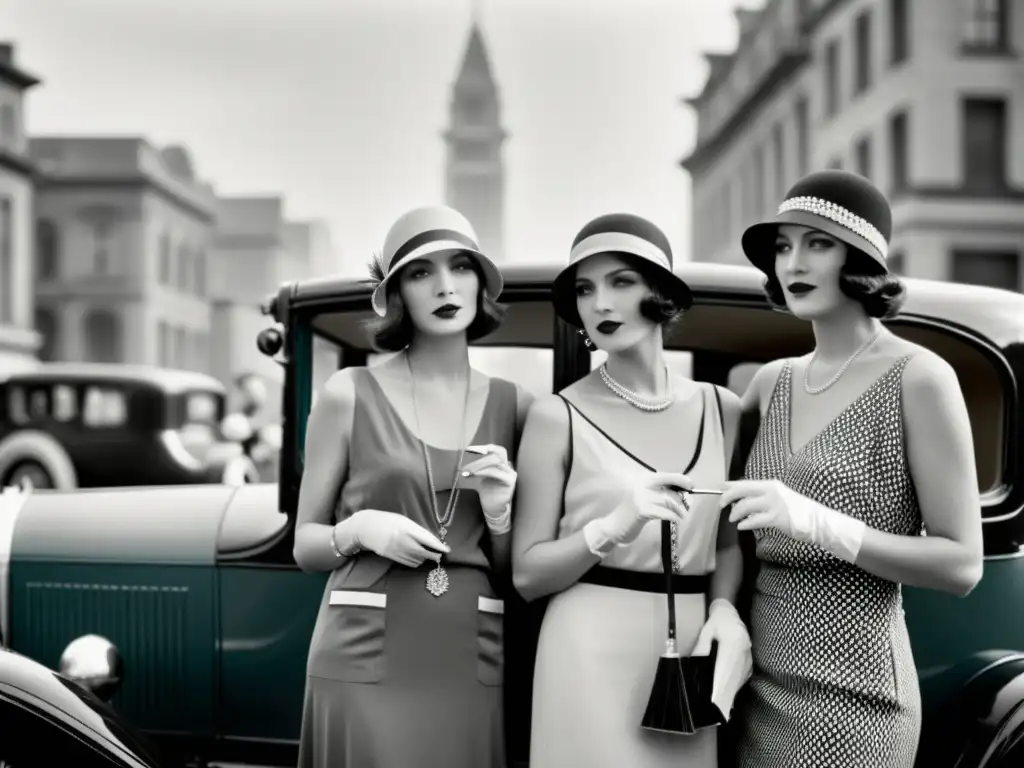 Mujeres flapper en los años 20, frente a un auto clásico, reflejando la transformación del ideal femenino en esa década