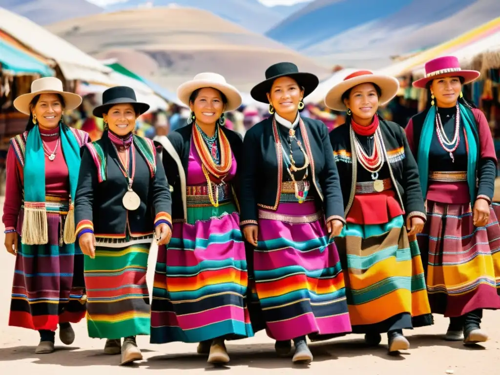 Mujeres aymaras con trajes tradicionales en vibrante mercado de Bolivia