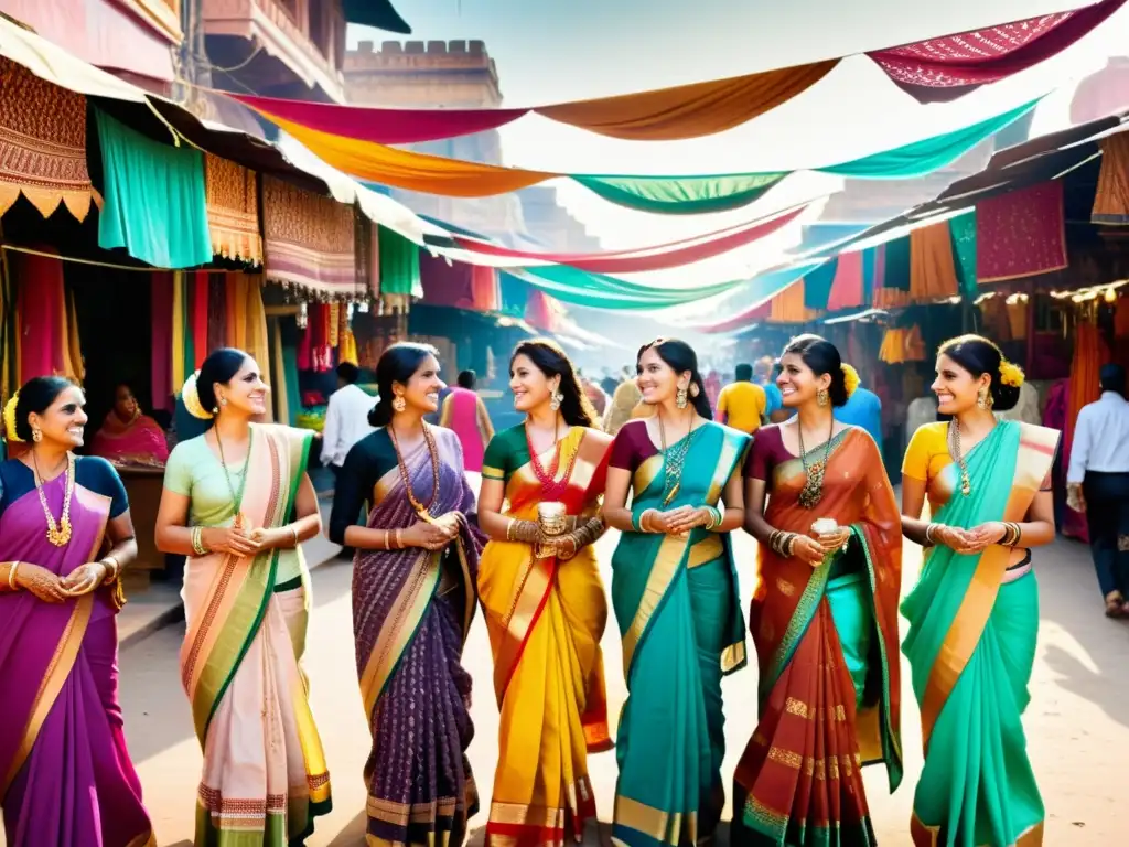 Mujeres con saris coloridos y joyas tradicionales en un bullicioso mercado indio, capturando la historia del sari en India