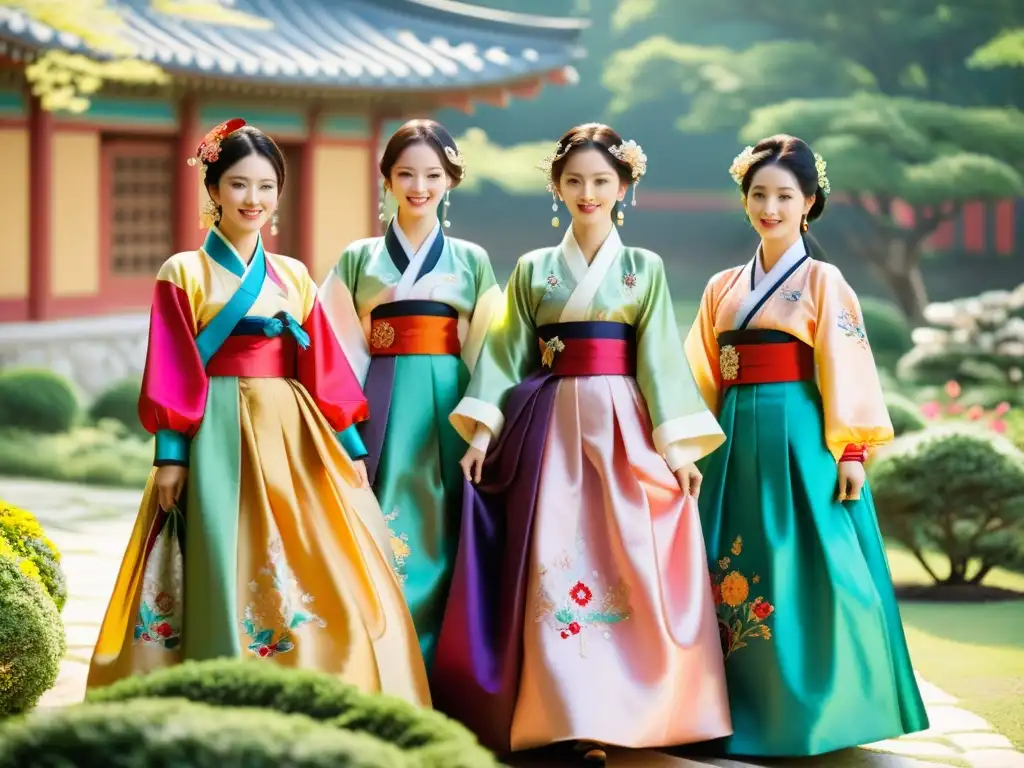 Mujeres coreanas vistiendo hanbok en un exuberante jardín, mostrando la influencia del Confucianismo en la moda coreana