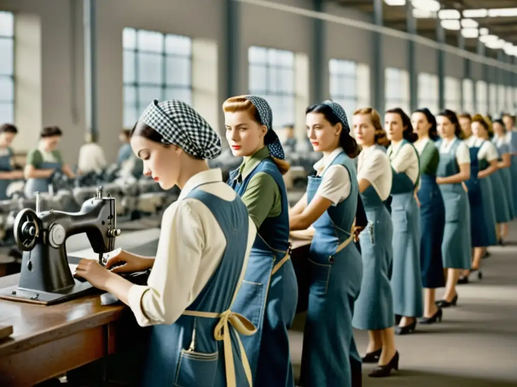 Mujeres trabajando en fábrica de ropa durante la Segunda Guerra Mundial, reflejando el impacto en la moda