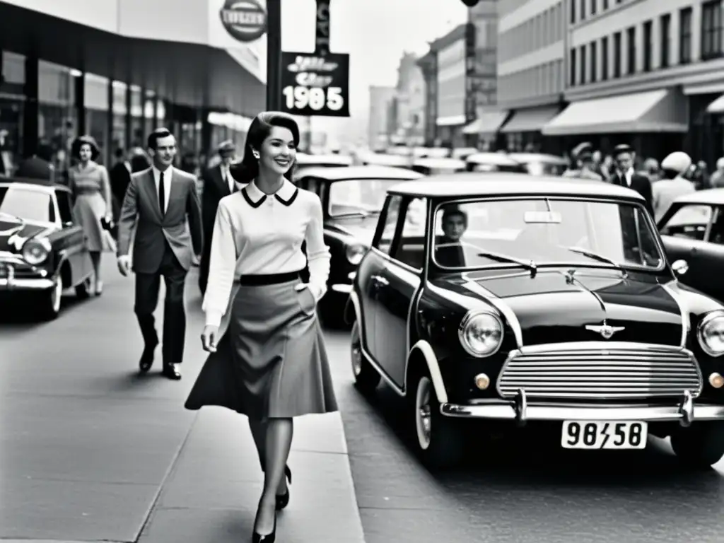 Mujeres en mini falda pasean por la bulliciosa ciudad de los 60, evocando la Revolución de la Mini Mary Quant