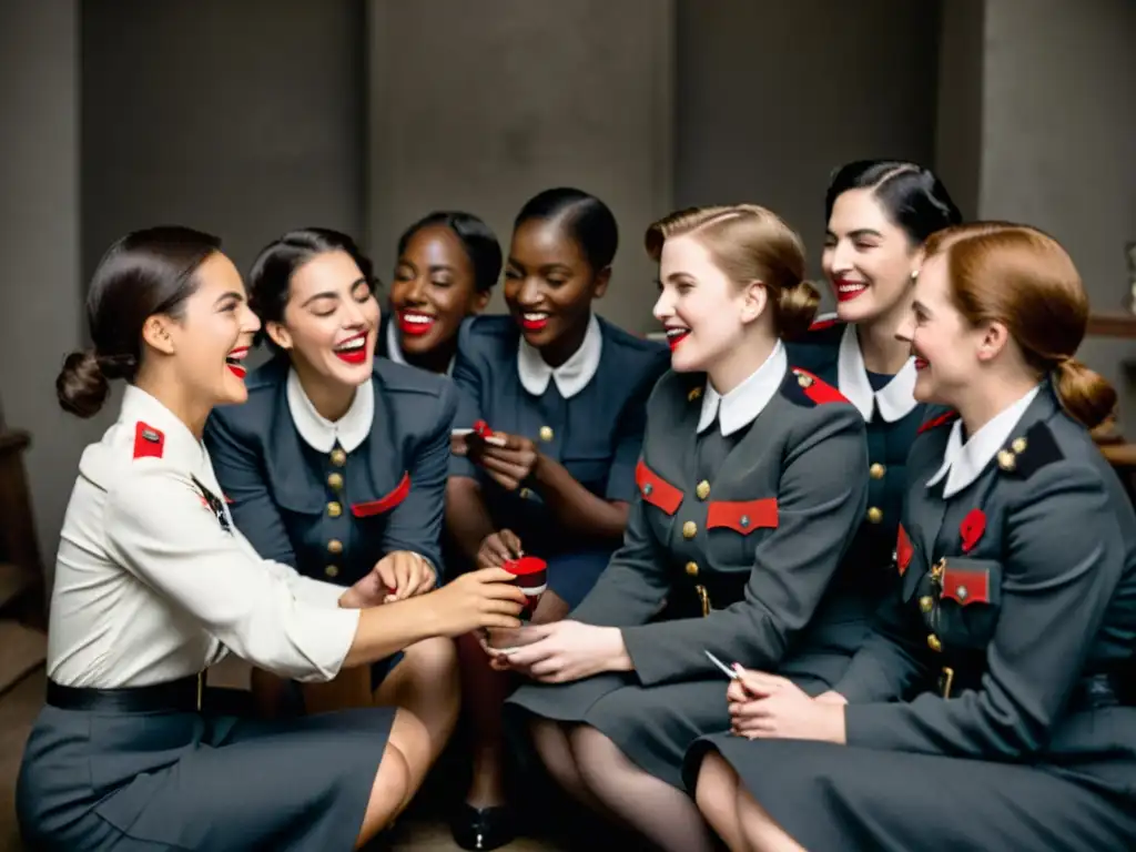 Mujeres en la Primera Guerra Mundial aplicando lápiz labial, mostrando resistencia y camaradería