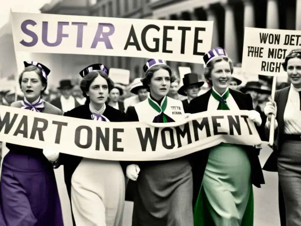 Mujeres marchan en protesta por los derechos de la mujer, vistiendo atuendos de principios del siglo XX