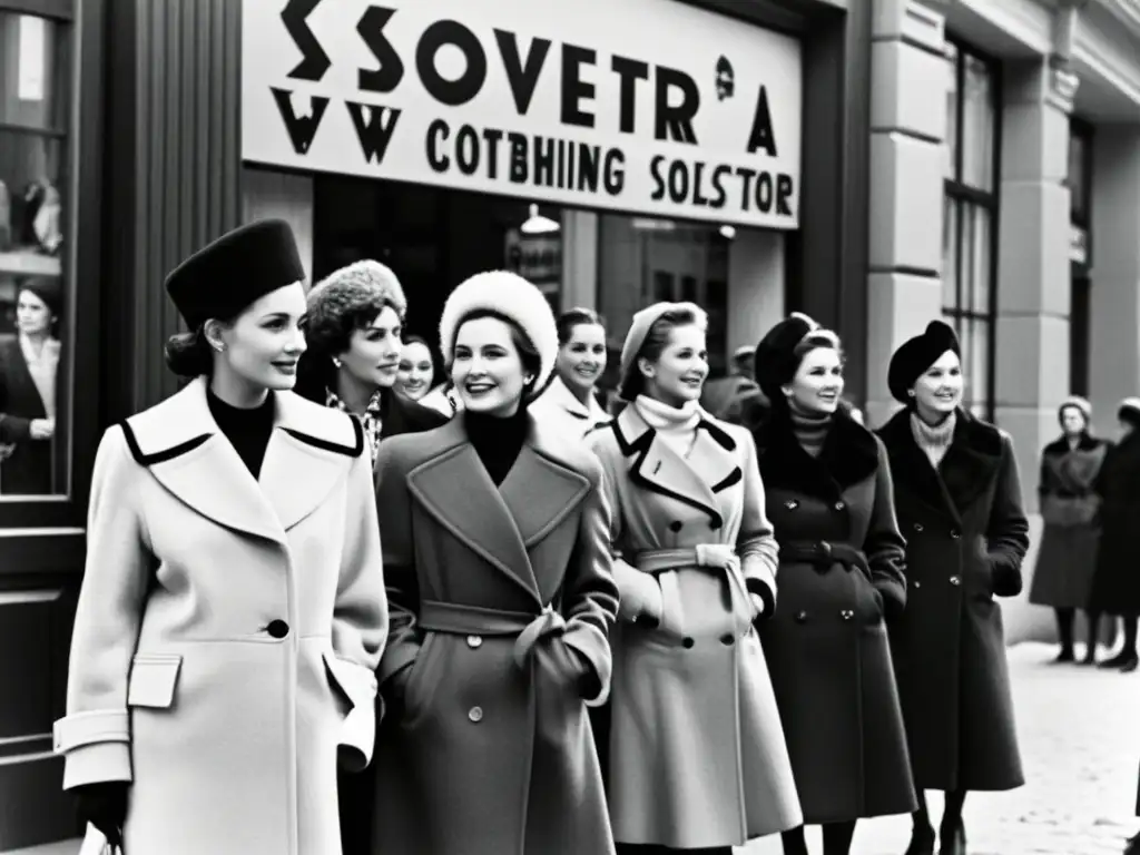 Mujeres soviéticas esperando fuera de una tienda de moda, reflejando la influencia de la moda soviética en su vestimenta y expresiones