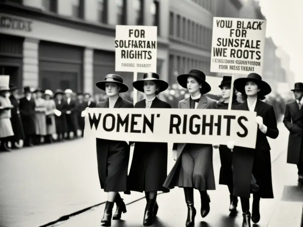 Mujeres en trajes de alta costura y liberación femenina, marchando con determinación en la ciudad del siglo XX