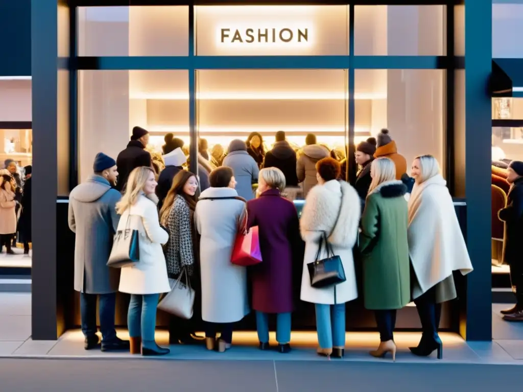 Una multitud abrigada espera afuera de una tienda de moda iluminada por luces brillantes