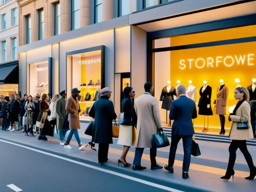 Multitud en la calle espera lanzamientos exclusivos moda, reflejando impacto cultural y emoción en la ciudad al atardecer