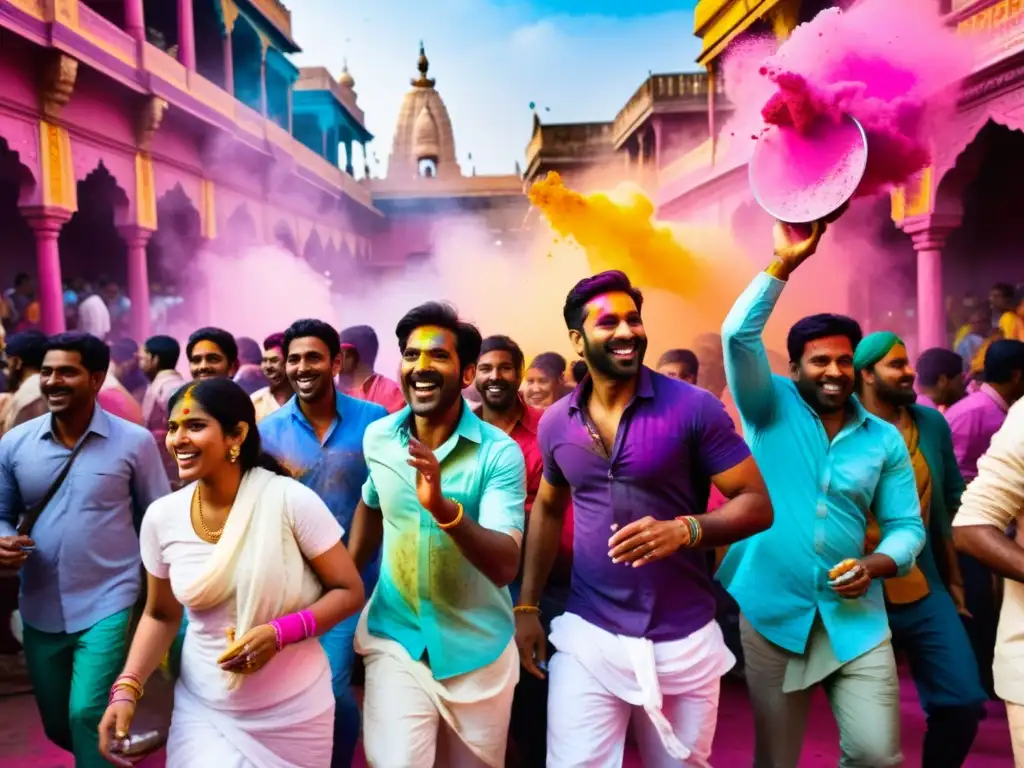 Multitud colorida celebra el festival Holi en la India, con moda en festivales asiáticos y templos históricos de fondo