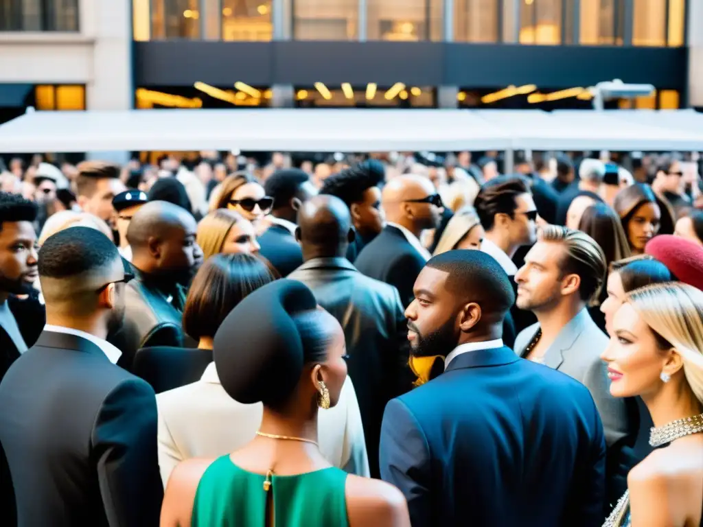 Una multitud diversa y energética en la Semana de la Moda de Nueva York, con atuendos vanguardistas y el telón de fondo de los icónicos rascacielos de la ciudad, capturando la evolución de la moda en Nueva York