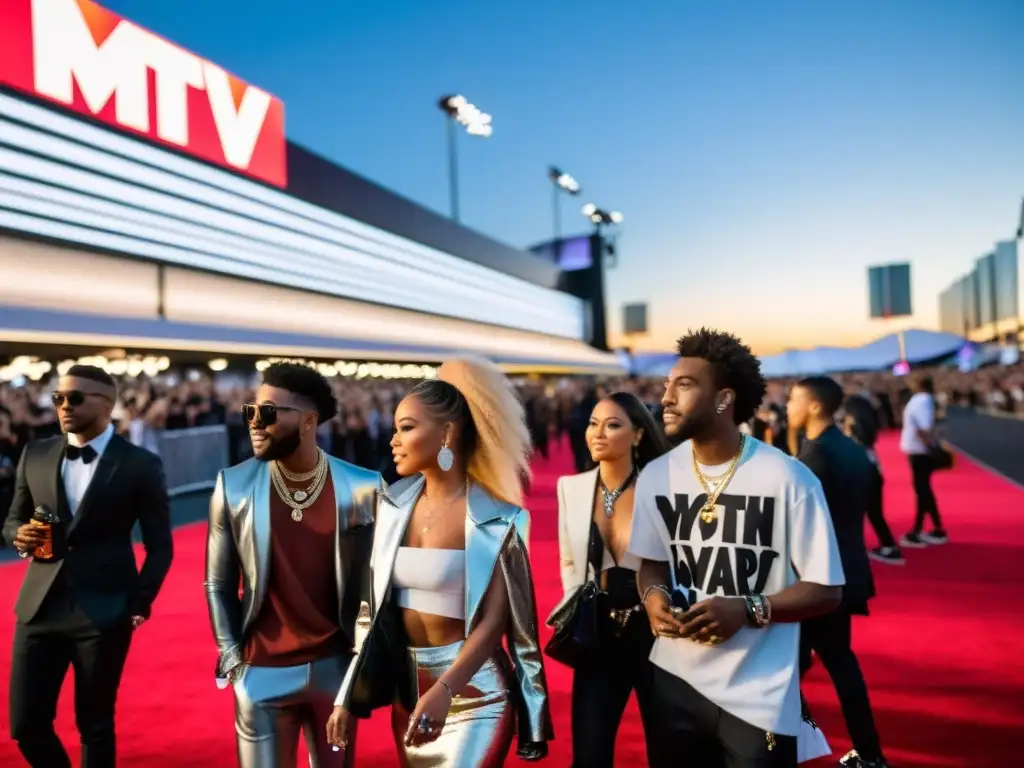 Multitud diversa y a la moda espera en los MTV Video Music Awards, reflejando influencia en la moda y la emoción del evento nocturno