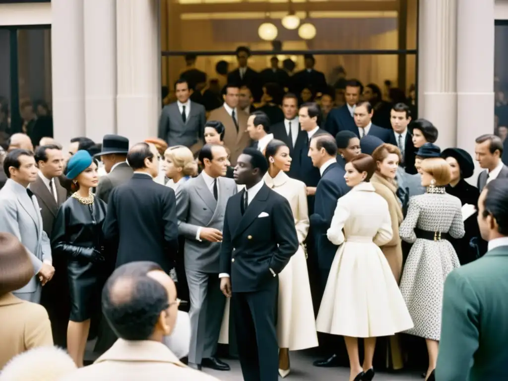 Multitud diversa reunida frente a desfile de moda en París de los años 60, mostrando el impacto cultural de la moda a lo largo de la historia