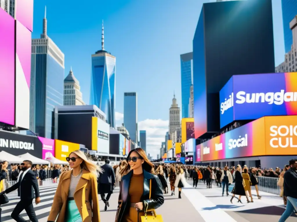 Multitud elegante en la ciudad durante la semana de la moda, entre vallas publicitarias y la impactante moda de redes sociales