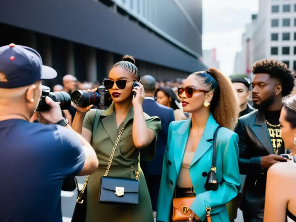 Multitud en evento de moda, fotógrafos y asistentes en la calle, expresión cultural de las Semanas de Moda