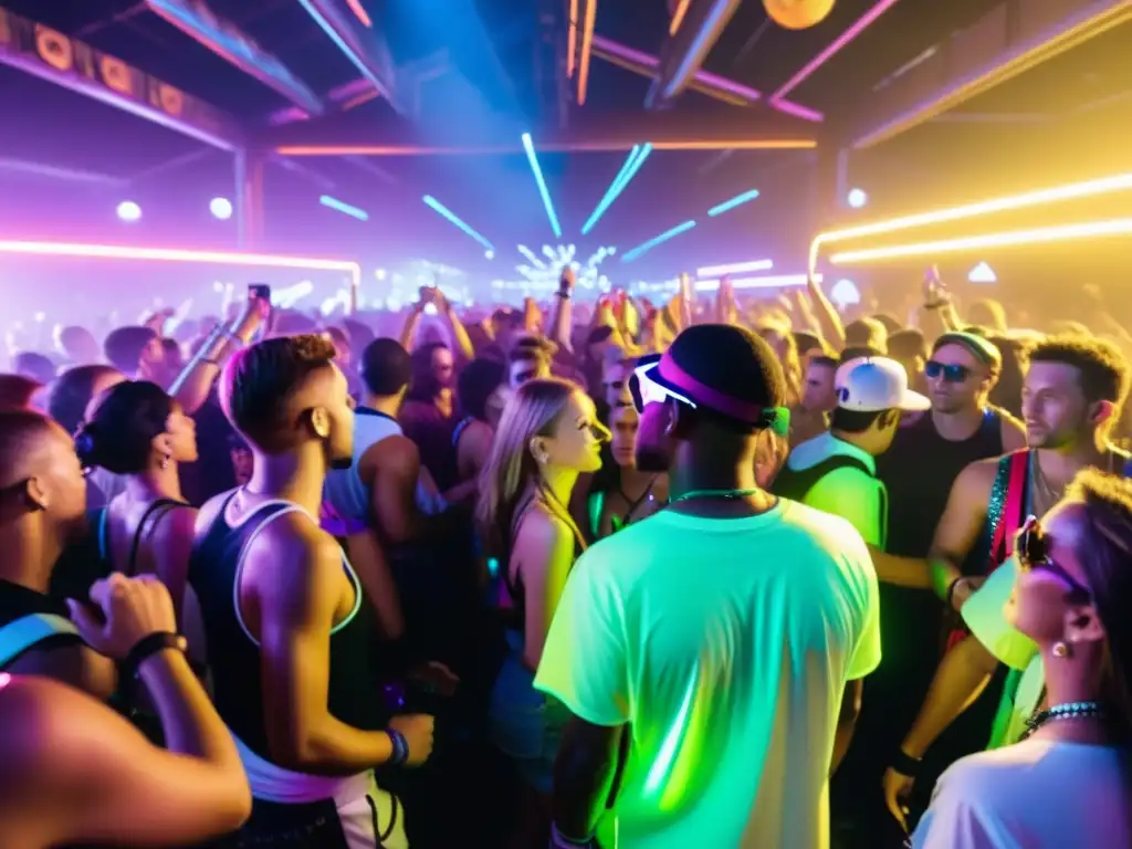 Una multitud bailando bajo luces neón, con moda rave de los 90