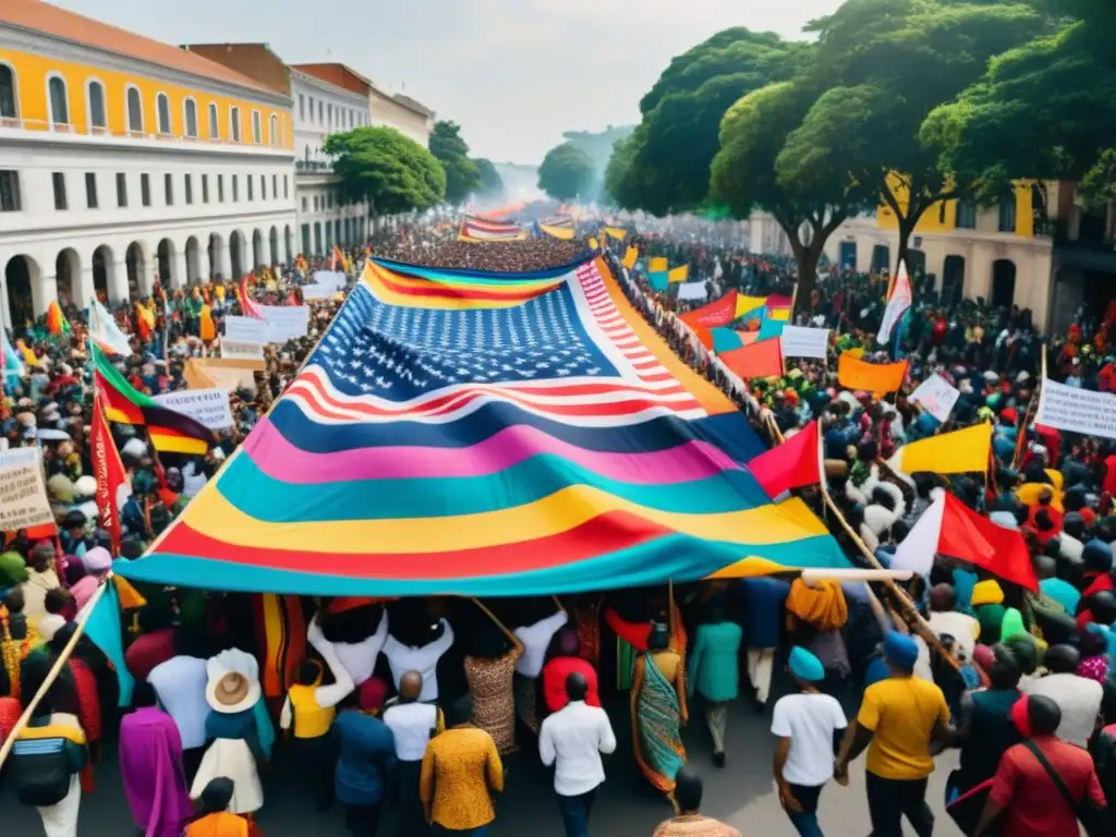 Multitud en marcha con textiles icónicos en vibrante protesta