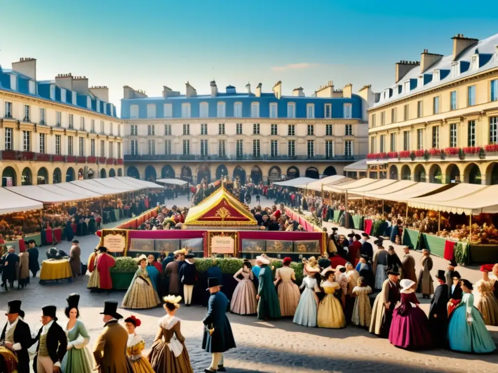 Escena de moda revolucionaria en París: siglo XVIII Multitud en mercado parisino del siglo XVIII, vistiendo moda revolución francesa impacto cultural