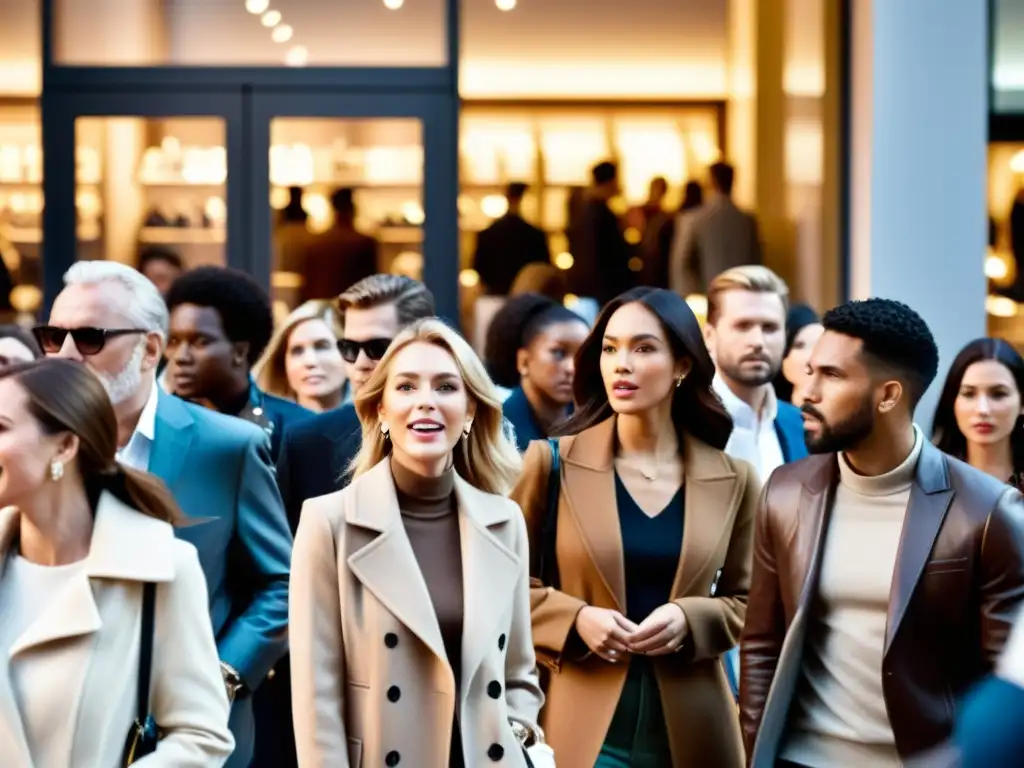 Una multitud espera afuera de una tienda de moda, con expresiones intensas y un ambiente de emoción