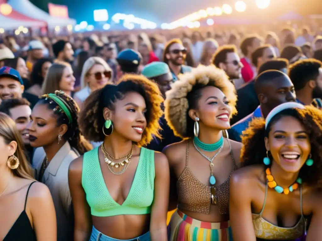 Una multitud vibrante en un festival de música, con estilos de moda eclécticos que reflejan la influencia de géneros musicales en la moda