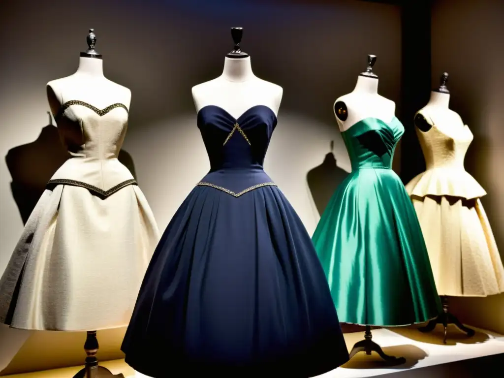 Exposición en museo de la icónica colección del New Look de Dior, con detalles exquisitos y elegancia atemporal