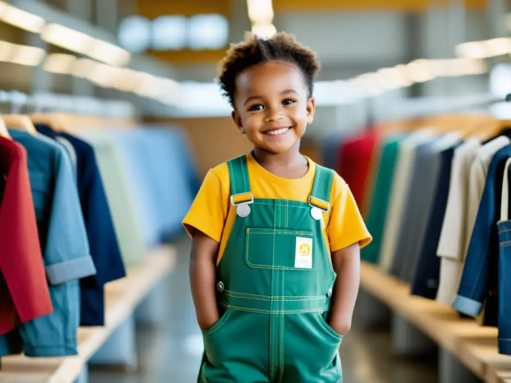 Un niño feliz usando innovaciones en prendas ajustables duraderas, en una fábrica de ropa ecológica