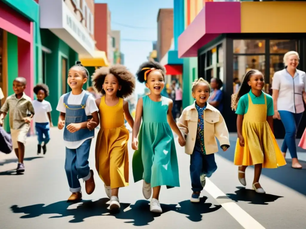 Niños desfilando con confianza en una pasarela callejera, mostrando la influencia cultural del género neutro en moda infantil